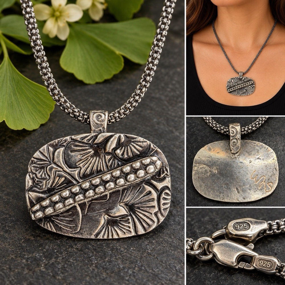 Artisan 925 Sterling Silver Ginkgo Leaf Pendant Necklace 17.5" 22g Signed